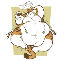 3_toes 4_fingers anthro banknote belly big_belly dark_spots dialogue double_chin eyewear fat_arms fat_legs feet fingers fur groaning_belly hand_behind_head high-angle_view holding_glass holding_object huge_belly huge_cheeks huge_hips liquid looking_at_viewer love_handles lying male markings money moobs morbidly_obese morbidly_obese_anthro morbidly_obese_male navel obese obese_anthro obese_male on_back overweight overweight_anthro overweight_male paws red_eyewear red_sunglasses smile smug_grin solo speech_bubble spots spotted_body spotted_fur sunglasses tail text thick_thighs toes tongue white_body white_fur wide_hips yellow_body yellow_fur boot_(artist) 2k_(boot) felid leopard mammal pantherine 2020 english_text
