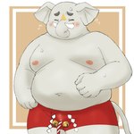 anthro bell belly blush bodily_fluids bottomwear bulge clothed clothing male moobs navel nipples overweight proboscis_(anatomy) shorts solo sweat topless trunk_(anatomy) yaki_atsuage tamacolle hizen_(tamacolle) elephant elephantid mammal proboscidean 1:1 hi_res