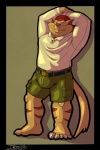 anthro backwards_baseball_cap backwards_hat baseball_cap bottomwear claws clothing fur hands_behind_head hat headgear headwear looking_at_viewer male pants paws pose shirt shorts solo tail topwear dredd hanna-barbera swat_kats chance_furlong domestic_cat felid feline felis mammal 2:3 hi_res