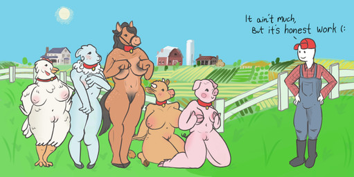 anthro areola blush cartoon_freckles clothing collar covering covering_self eyelashes farm farmer feathers female fence freckled_face freckled_hips freckled_shoulders freckles genitals grass group group_nudity hat headgear headwear kneeling long_eyelashes male male/female nipple_dip outside plant presenting simple_face slightly_chubby spot_freckles spots spotted_face spotted_hips spotted_shoulders text toony vulva riisyn avian bird bovid bovine caprine cattle chicken domestic_pig equid equine galliform horse human mammal phasianid sheep suid suine sus_(pig) english_text hi_res meme shaded simple_shading