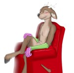 anthro antlers brown_body brown_fur chair featureless_chest fur furniture hooves horn male navel nude on_chair one_eye_closed prosthetic prosthetic_limb recliner simple_background sitting smile solo white_antlers wink scruffythedeer deer mammal 2013 digital_media_(artwork) hi_res