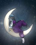 anthro bottomwear breasts clothed clothing ear_piercing female looking_at_viewer makeup mascara moon night oversized_bottomwear oversized_clothing oversized_pants pants piercing sky smile solo star starry_sky wide_hips limebreaker tsillah lagomorph leporid mammal rabbit 4:5 absurd_res hi_res