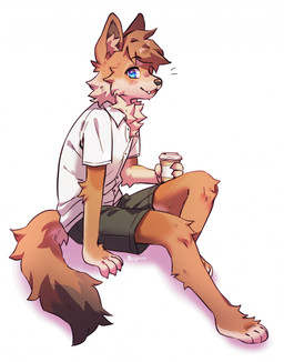 4_toes anthro barefoot blue_eyes bottomwear brown_body brown_fur brown_hair chest_tuft claws clothing coffee_cup container cup fangs feet finger_claws fur green_bottomwear green_clothing green_shorts hair holding_coffee_cup holding_container holding_cup holding_object looking_at_viewer male open_mouth paws plantigrade shirt shorts simple_background sitting smile solo tail teeth toes topwear tuft white_background white_clothing white_shirt white_topwear miri canid mammal 2023 digital_media_(artwork) hi_res