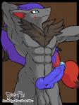 abs anthro anthrofied balls biped blue_eyes chest_tuft erection genitals hair knot long_hair male multicolored_hair muscular muscular_anthro muscular_male nude penis pokemorph purple_penis smile solo text thick_penis tuft dante-feline nintendo pokemon canid canine generation_5_pokemon mammal pokemon_(species) shiny_pokemon zoroark