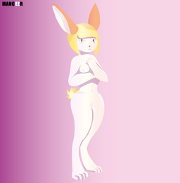 anthro blonde_hair breasts female genitals hair navel nipples nude pink_nose simple_background solo standing vulva white_body manceer lagomorph leporid mammal rabbit absurd_res hi_res source_request