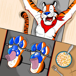 3_toes anthro black_body black_fur blue_nose blue_pawpads bowl cereal cereal_bowl container cutlery disembodied_tongue eyes_closed feet food foot_lick fork fur group kerchief kitchen_utensils laugh licking male markings mascot motion_lines neckerchief neckwear open_mouth open_smile orange_body orange_fur pawpads pecs pink_tongue raised_arms red_kerchief red_neckerchief red_tongue restrained smile solo_focus spoon striped_body striped_fur striped_markings striped_tail stripes tail tail_markings teeth tickle_fetish tickle_torture tickling tickling_feet toe_restraints toes tongue tools trio whiskers white_body white_fur leon_tickles frosted_flakes kellogg's tony_the_tiger felid mammal pantherine tiger 1:1