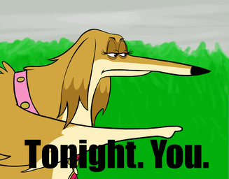 black_nose collar collar_only dialogue eyebrows eyelashes female feral fur gesture hand_gesture nude pointing solo tan_body tan_fur teeth text threatening toony zoom_in half_dime adult_swim aqua_teen_hunger_force cartoon_network fixed_(film) tonight_you_(meme) honey_(fixed) borzoi canid canine canis domestic_dog hunting_dog mammal sighthound animated crossover hi_res meme