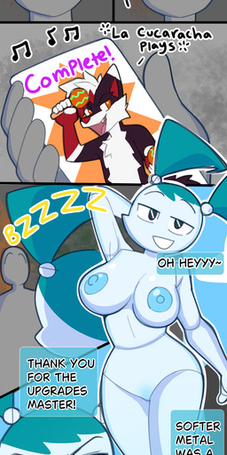 anthro big_breasts black_body black_eyes black_fur blue_hair blue_tongue bodily_fluids brainwashing breasts building building_destruction corrupted corruption destruction dialogue dominant dominant_male duo electronics evil_face evil_grin evil_look female fur glistening glistening_body hair hand_behind_head holding_object holding_phone hypnosis imminent_sex leaning leaning_forward licking licking_lips limp limp_arms machine male male/female maraca mind_alteration mind_control musical_instrument nervous nervous_sweat nipples nude orange_eyes percussion_instrument personality_change phone phone_screen ponytail presenting red_body red_fur red_hair screw seductive sharp_teeth sky smile smug submissive submissive_female surprise surprised_expression sweat talking_to_another teeth text tongue tongue_out white_body white_fur white_hair glowhorn my_life_as_a_teenage_robot nickelodeon anon artifact_the_fox jenny_wakeman canid canine fox humanoid mammal robot absurd_res comic english_text hi_res long_image tall_image