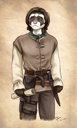 5_fingers belt belt_pouch boots bottomwear brown_body brown_fur brown_hair clothed clothing costume dagger explorer facial_markings fingers footwear front_view frown fully_clothed fur hair head_markings holding_object knife male map markings mask_(marking) medieval melee_weapon pants pink_nose scabbard sheathed_weapon shirt shoes short_hair simple_background solo sword topwear tunic weapon white_body white_fur conditional_dnp moodyferret jarreth_(moodyferret) domestic_ferret european_polecat mammal mustelid musteline true_musteline weasel 2012 digital_media_(artwork) portrait shaded three-quarter_portrait