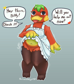 anthro beak clothed clothing clothing_lift dialogue dress feather_markings feather_tuft feathers female flashing flashing_pussy genitals green_hair hair heart_symbol looking_at_viewer markings navel offering_sex red_body simple_background slightly_chubby solo speech_bubble text thick_thighs tongue tongue_out tuft vulva wide_hips yellow_beak nocheeseburger animal_crossing nintendo ketchup_(animal_crossing) anatid anseriform avian bird duck digital_media_(artwork)