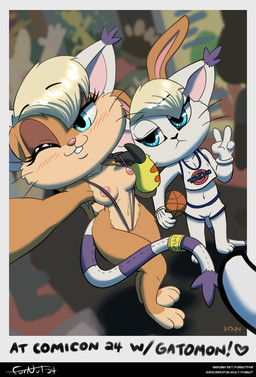 3_toes 4_fingers accessory anthro anthro_on_anthro breasts buckteeth camel_toe clothed clothed_anthro clothed_female clothing cosplay crossover_cosplay ear_tuft eyebrow_through_hair eyebrows feet female female/female female_anthro fingers flat_chested fully_clothed fully_clothed_anthro fully_clothed_female fur furgonomics genitals hair high-angle_view jewelry larger_anthro larger_female nipple_outline nipples one-piece_swimsuit pink_inner_ear pink_nipples pink_nose pink_vulva public public_nudity revealing_outfit ring selfie size_difference sling_bikini smaller_anthro smaller_female swimwear tail tail_accessory tail_jewelry tail_ring teeth toes translucent translucent_hair tuft vulva white_body white_ears white_fur furnut bandai_namco digimon looney_tunes warner_brothers lola_bunny digimon_(species) domestic_cat felid feline felis gatomon lagomorph leporid mammal rabbit 2024 crossover hi_res