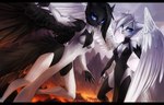 anthro black_bars black_body black_feathers blue_eyes breasts clothed clothing detailed_background duo feathered_wings feathers female hair legwear thigh_highs white_body white_feathers white_hair wings juliathedragoncat felid hybrid mammal 14:9 digital_media_(artwork)