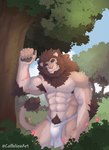 abs anthro armpit_hair blue_eyes body_hair bottomwear chest_hair clothing forest loincloth looking_at_viewer male muscular nipples plant pubes scar solo tree coffeline felid lion mammal pantherine absurd_res hi_res