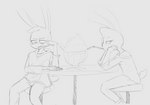 annoyed anthro bedroom_eyes beverage blush duo female hand_on_face looking_away male male/female narrowed_eyes seductive sharing_drink shoulderless_shirt simple_background smoothie agidyne rose_(agidyne) stephen_(agidyne) lagomorph leporid mammal rabbit hi_res monochrome cousins_(lore)