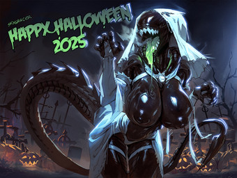areola big_breasts black_body bodily_fluids breasts clothed clothing costume detailed_background eyeless female fingers ghost_costume glistening glistening_breasts green_tongue halloween_costume halloween_decoration happy_halloween holidays huge_breasts mostly_nude nipples saliva sharp_tail skimpy solo spikes standing teeth text tongue tongue_out torn_clothing skygracer alien_(franchise) halloween alien humanoid xenomorph 2025 english_text