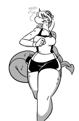 anthro bodily_fluids bottle bottomwear breasts breath clothed clothed_anthro clothed_female clothing container crop_top earbuds electronics female gloves hair handwear headphones long_hair medium_breasts midriff narrowed_eyes non-mammal_breasts open_mouth running scales shirt shorts solo sound_effects spade_tail sweat tail text thick_thighs topwear water_bottle wide_hips shyguy9 mythology sophie_(shyguy9) dragon mythological_creature mythological_scalie scalie hi_res monochrome