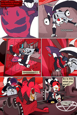 anthro building clothed clothing diaper magic office permanent red_eyes red_sclera tail text yellow_sclera wolfpuppy21 hazbin_hotel hellaverse helluva_boss mythology alastor_(hazbin_hotel) blitzo_(helluva_boss) loona_(helluva_boss) canid canid_demon canine demon hellhound imp mammal mythological_canine mythological_creature 2:3 comic english_text hi_res