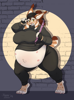 anthro bared_teeth belly belly_nipples big_belly big_breasts black_bottomwear black_clothing black_mask black_pants black_topwear bottomwear breasts brick_wall brown_hair clothed clothing ear_tuft female front_view fur glistening glistening_eyes hair holding_crowbar huge_belly multi_nipple nipples orange_body orange_fur pants ponytail pregnant pregnant_anthro pregnant_female solo standing topwear tuft wall_(structure) white_body white_fur yellow_eyes tiggybloom maeve_(sour_gems) felid feline lynx mammal 2024 dated full-length_portrait hi_res portrait