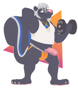 anthro balls bodily_fluids clothing dirty dirty_clothing dumbbell erection exercise eyewear facial_hair genitals glasses goatee hand_behind_head humanoid_genitalia humanoid_penis jewelry jockstrap male musk necklace pendant penis shirt simple_background smile solo sweat tank_top topwear underwear weights concupisco azure_(bluedude) mammal mephitid skunk hi_res