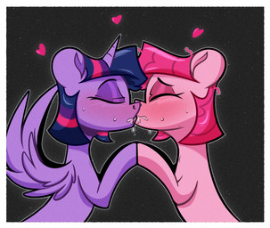 alternate_hairstyle blush bodily_fluids border duo eyes_closed female female/female feral heart_symbol holding_hooves horn kissing saliva simple_background sweat white_border wings la_hum friendship_is_magic hasbro my_little_pony mythology pinkie_pie_(mlp) twilight_sparkle_(mlp) earth_pony equid equine horse mammal mythological_creature mythological_equine pony winged_unicorn