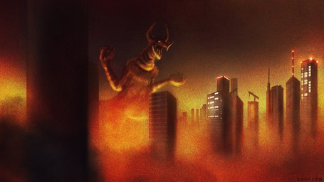 3_horns building city cityscape facial_horn feral horn macro multi_horn nose_horn open_mouth skyscraper striped_body stripes text louceph gomora kaiju monster 16:9 2019 artist_name digital_media_(artwork) digital_painting_(artwork) english_description painting_(artwork) warm_colors widescreen
