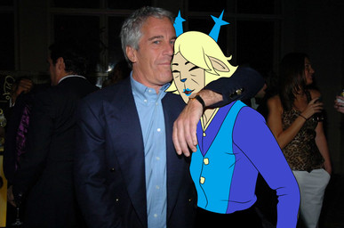 anthro big_ears blonde_hair button_(fastener) candid clothing dress duo exposed eyes_closed female hair horn leak male male/female mayor party photo pose standing sweater topwear villegreen deltarune undertale_(series) carol_holiday jeffrey_epstein deer human humanoid mammal