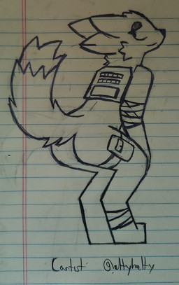 ambiguous_gender anthro armor bandage bedroom_eyes breastplate butt digitigrade eyelashes eyeliner fluffy fluffy_tail hip_bag makeup narrowed_eyes rear_view seductive solo tail cartist casualties:_unknown expie_(gunsawian) gunsawian absurd_res hi_res monochrome traditional_media_(artwork)
