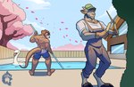 anthro cherry_blossom cherry_blossom_tree cherry_tree clothed clothing detailed_background flower fruit_tree fully_clothed fully_clothed_anthro fully_clothed_male gardening gardening_gloves gardening_tool gardening_tools male male/male male_anthro overalls plant pool poolside prunus_(flower) shirtless shirtless_anthro shirtless_male swimming_trunks swimwear tree thekinkybear poolboy bovid caprine goat mammal mustelid otter absurd_res hi_res