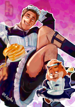 biped bipedal_feral body_hair clothed clothing dual_persona duo feral food leg_hair maid_headdress maid_uniform male mature_feral mature_human mature_male pancake uniform fishyyrod disney hoppers_(disney) pixar jerry_generazzo beaver human mammal rodent hi_res