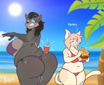 anthro beach beverage big_breasts big_butt bikini blue_eyes blush breasts burger butt clothing duo eating eyes_closed female food hair huge_butt muffin_top_(bottomwear) muffin_top_(bra) muffin_top_(general_use) muffin_top_(panties) muffin_top_(topwear) muffin_top_(underwear) palm_tree plant seaside slightly_chubby sun swimwear tree two-piece_swimsuit doxxyl blizzard_entertainment warcraft capri_(doxxyl) fernier canid domestic_cat felid feline felis mammal werecanid werecreature worgen