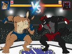 anthro bulge duo fight fighting_ring gameplay_mechanics gui health_bar male muscular nipples pubes scar versus wrestler wrestling hunterramirez billy_wolfens canid canine canis kangaroo macropod mammal marsupial wolf 4:3