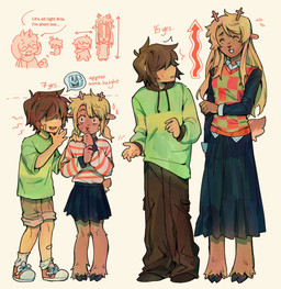 anthro blonde_hair bottomwear brown_hair clothing duo female freckles green_clothing green_shirt green_topwear hair hooves horn male shirt skirt text topwear goomyloid deltarune undertale_(series) kris_dreemurr noelle_holiday deer human mammal new_world_deer reindeer 2024 absurd_res hi_res nonbinary_(lore)