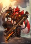 4_arms 5_fingers anthro biped breasts clothed clothing eyebrows eyelashes female fingers fully_clothed fur gun hair holding_gun holding_object holding_ranged_weapon holding_weapon kneeling looking_at_viewer multi_arm multi_limb ranged_weapon red_body red_fur red_hair smile solo weapon yellow_eyes jesonite feic canid canine fox mammal 2019 hi_res