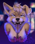 anthro bow_(feature) breasts female floppy_ears grey_eyes hair open_mouth piercing short_hair solo teeth tongue tongue_out tongue_piercing blackbatwolf disney lady_and_the_tramp angel_(lady_and_the_tramp) canid canine canis domestic_dog mammal mixed_breed pomsky hi_res