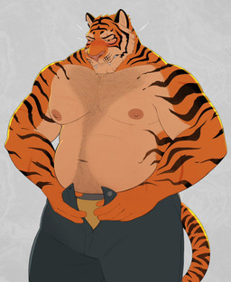 anthro areola barazoku belly biceps big_belly big_muscles body_hair bottomwear chest_hair clenched_teeth clothed clothing dressing frown fur grey_background happy_trail male moobs musclegut muscular muscular_anthro muscular_male narrowed_eyes navel nipples overweight overweight_anthro overweight_male pants pecs pubes scar simple_background solo standing teeth thick_arms thick_thighs topless topless_anthro topless_male tuft underwear unzipped zipper zcdartz epic_games fortnite oscar_(fortnite) felid mammal pantherine tiger 2025 hi_res