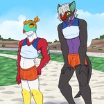 1:1 anthro anthrofied athletic bottomwear clothed clothing crop_top duo fuze generation_6_pokemon hands_on_legs hands_on_thighs hawlucha hi_res hotpants male midriff navel nintendo noivern outside pokemon pokemon_(species) pokemorph shirt shorts skimpy tank_top topwear