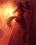 anthro bodysuit building butt butt_pose city city_background cityscape claws climbing climbing_wall clothing female hero mask pose skinsuit sky skyscraper solo suit sunset tight_clothing vigilante juliathedragoncat legend_of_ahya fan_character murana_wolford_(darkflame-wolf) canid canine canis mammal wolf hi_res