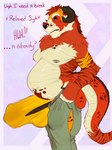 annoyed anthro balls barely_contained belly big_balls big_penis black_sclera body_hair bottomwear briefs bulge clothed clothing dialogue erection fur genitals hyper looking_at_genitalia looking_at_penis male mid_transformation nipples overweight overweight_male pants penis pulling_up_pants red_body red_fur red_scales scales shirtless_male simple_background solo species_transformation stripes tail tan_body tan_scales tenting text topless torn_clothing transformation underwear verbal_reaction_to_tf weight_gain yellow_clothing yellow_underwear koorivlf meme_clothing tight_pants_(meme) koorivlf_tycoon felid hybrid mammal pantherine procyonid raccoon tiger series_(disambiguation) 2023 digital_media_(artwork) english_text meme signature