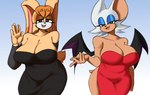 anthro big_breasts biped breasts cleavage clothed clothing dress duo female female_anthro fur gesture green_eyes hair looking_at_viewer mature_anthro mature_female membrane_(anatomy) membranous_wings orange_body orange_hair simple_background tan_body thick_thighs waving waving_at_viewer white_body white_fur wings rottenarmor sega sonic_the_hedgehog_(series) rouge_the_bat vanilla_the_rabbit bat lagomorph leporid mammal rabbit hi_res