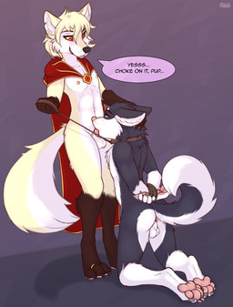 anthro anthro_on_anthro anus arms_tied balls bdsm black_body black_fur black_nose blue_eyes bound butt canon_x_oc cape claws clothing collar curled_tail deep_throat dialogue digit_ring digitigrade duo ears_back eye_contact feet fellatio femboy forced forced_oral fur gem genitals gloves_(marking) hand_on_head holding_leash holding_object jewelry kneeling knot knotted_penis leash leash_pull leg_markings looking_at_another male male/male markings mostly_nude nipples notched_ear nude oral oral_penetration pawpads paws penetration penile penis petplay pink_nose pink_pawpads pivoted_ears red_eyes ring roleplay sex simple_background smile socks_(marking) speech_bubble tail text toe_claws toe_ring toes white_body white_fur yellow_body yellow_fur ruth66 twokinds clovis_(twokinds) canid canine canis domestic_dog fox husky hybrid keidran mammal nordic_sled_dog spitz wolf english_text hi_res
