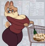 4_fingers accessory anthro big_breasts blue_eyes bottle box bread breasts cleavage clothed clothing container dewlap_(anatomy) dipstick_ears ear_markings emanata eyelashes female fingers flower flower_in_hair food fur hair hair_accessory highlights_(coloring) huge_breasts inside multicolored_ears naan_(food) plant rc_car shopping shopping_cart solo standing tan_body tan_fur thick_thighs wide_eyed wide_hips shakotanbunny hazel_(shakotanbunny) domestic_rabbit flemish_giant lagomorph leporid mammal oryctolagus rabbit 2023