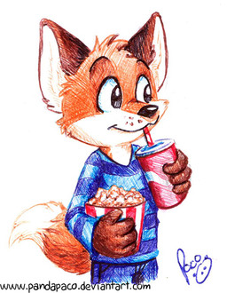 anthro beverage blue_bottomwear blue_clothing blue_pants blue_shirt blue_topwear bottomwear cheek_tuft closed_smile clothed clothing facial_tuft fur glistening glistening_eyes head_tuft holding_beverage holding_object holding_popcorn logo male mouth_closed orange_body orange_fur pants pattern_clothing pattern_shirt pattern_topwear shirt simple_background smile solo standing striped_clothing striped_shirt striped_topwear stripes text topwear tuft white_background white_body white_fur young young_anthro young_male pandapaco biro_(pandapaco) canid canine fox mammal 2015 artist_logo signature url