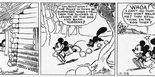 ambiguous_gender anthro bottomwear clothed clothing dialogue duo feral footwear gloves group handwear male motion_lines open_mouth outside pants plant running shoes standing tail text tree earl_duvall floyd_gottfredson disney public_domain mickey_mouse squeaky_(mickey_mouse) mammal mouse murid murine rodent sciurid tree_squirrel 1930 20th_century absurd_res ancient_art black_and_white comic dated english_text hi_res long_image monochrome signature wide_image