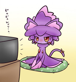 accessory blush bow_(feature) bow_accessory bow_ribbon cat_tail clothing electronics female feral furgonomics hat headgear headwear magic_user pillow red_eyes ribbons simple_background solo tail tail_accessory tail_bow tail_ribbon television text witch witch_hat concave_(artist) nintendo pokemon generation_4_pokemon ghost mismagius pokemon_(species) spirit japanese_text