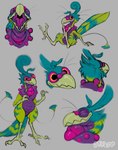 ambiguous_gender anthro avian_feet beak blue_body blue_feathers claws digitigrade eyes_closed feathers feet green_body green_feathers grey_background head_feathers looking_at_viewer mouth_shot open_mouth orange_eyes pink_sclera purple_body semi-anthro simple_background sitting slightly_chubby tail tail_feathers toes tongue whiskers wide_eyed wide_hips oddbird phynx alien avian bird collage_(disambiguation) hi_res