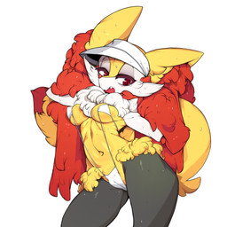 anthro big_ears bikini bodily_fluids breasts camel_toe cheek_tuft clothing dipstick_tail eyelashes facial_tuft female female_anthro front_view fur grey_body grey_fur hat headgear headwear hip_tuft inner_ear_fluff looking_at_viewer markings navel neck_tuft one-piece_swimsuit open_mouth orange_nose red_body red_eyes red_fur simple_background sling_bikini small_breasts snaggle_tooth solo spiral spiral_eyes sweat swimwear tail tail_markings tears thick_thighs tuft two-piece_swimsuit visor_cap white_background white_bikini white_body white_clothing white_fur white_swimwear wide_hips yellow_body yellow_fur slugbox nintendo pokemon braixen generation_6_pokemon pokemon_(species) 1:1 absurd_res hi_res