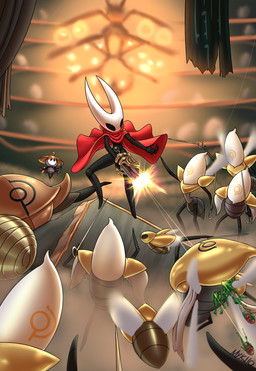 blood bodily_fluids female fight group gun machine male ranged_weapon weapon mykiio doom_(series) hollow_knight:_silksong hollow_knight_(franchise) id_software microsoft team_cherry hornet_(hollow_knight) sherma_(hollow_knight:_silksong) arachnid arthropod insect robot spider hi_res