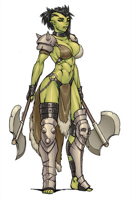 abs athletic axe battle_axe big_breasts black_hair bottomwear breasts clothed clothing collar double_bitted_axe dual_wielding female fingerless_gloves gloves green_body green_skin hair handwear holding_object holding_weapon humanoid_pointy_ears loincloth looking_at_viewer melee_weapon muscular muscular_female not_furry pointy_ears shoulder_pads solo studded_collar studs tusks weapon yellow_eyes luigiix humanoid orc hi_res