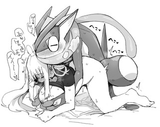2_toes all_fours anthro anthro_penetrating anthro_penetrating_female anthro_penetrating_human bed blush bodily_fluids breasts breath clothed clothing duo feet female female_on_anthro female_penetrated from_behind_position furniture genital_fluids hand_on_breast holding_breast human_on_anthro human_penetrated interspecies kneeling long_tongue male male/female male_anthro male_on_human male_penetrating male_penetrating_female male_penetrating_human nipples obscured_penetration on_bed penetration pokephilia sex standing sweat tail text thrusting toes tongue tongue_out vaginal vaginal_penetration kwns_s_(nemu) nintendo pokemon amphibian generation_6_pokemon greninja human mammal pokemon_(species) hi_res japanese_text monochrome translation_request
