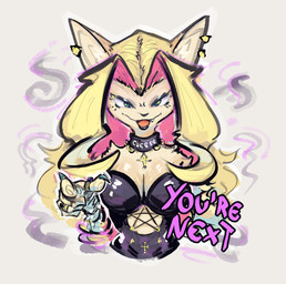 anthro black_clothing blonde_hair breasts brown_body brown_fur clothing collar dialogue digit_ring ear_piercing ear_ring female finger_ring fur hair jewelry looking_at_viewer occult_symbol open_mouth pentagram piercing ring_piercing simple_background smile solo symbol text white_background savielle cheese_quesadilla felid mammal 2026 absurd_res digital_media_(artwork) english_text hi_res